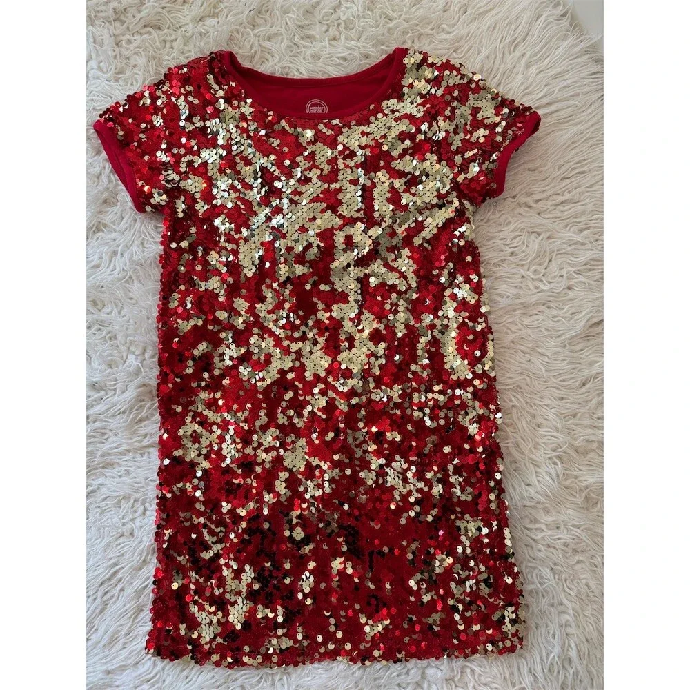 Wonder Nation Girls Dress Size M 7-8 Red Sequin Shift Short Sleeve